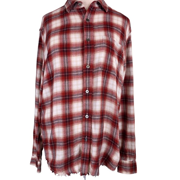 Frame Denim Tops - FRAME Slim Plaid Flannel Shirt Red Cream‎ Distressed Hem Button Up Medium